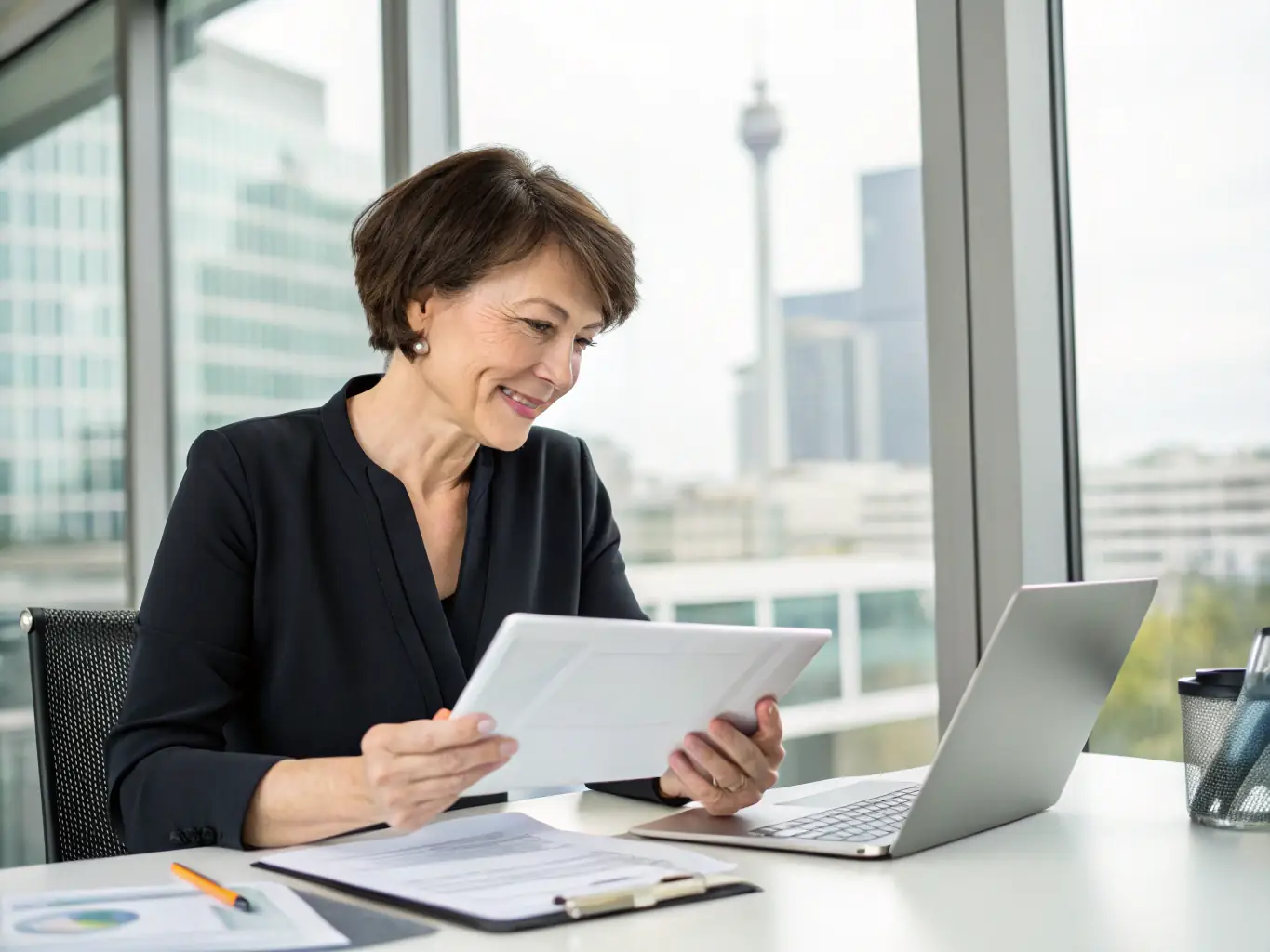 An image of a small business owner confidently managing cash flow using a digital dashboard on a tablet, showcasing real-time financial data.