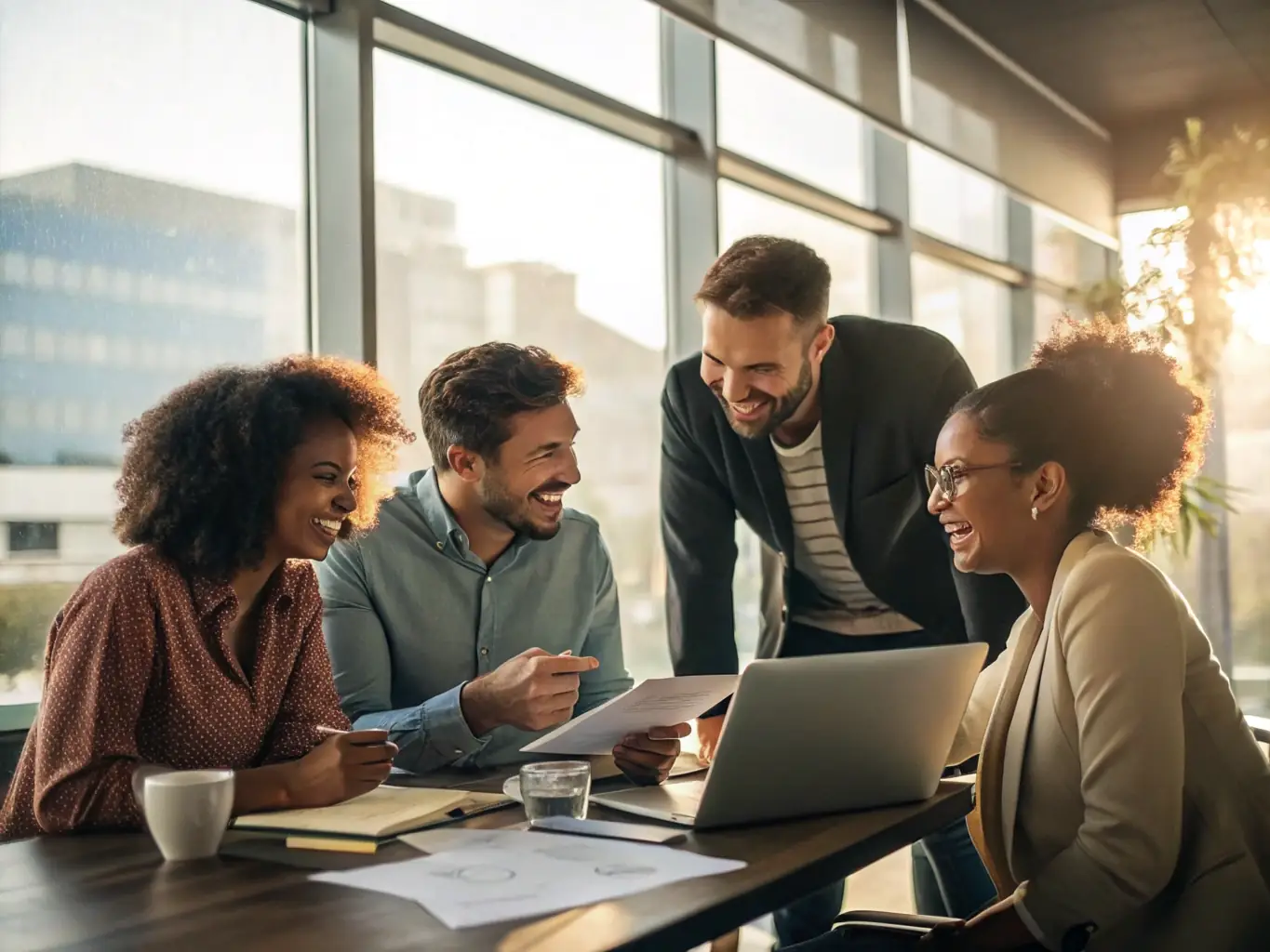 A group of diverse small business owners collaborating around a table, reviewing financial documents and brainstorming ideas in a modern, collaborative workspace. The atmosphere is positive and energetic, symbolizing the power of community support.