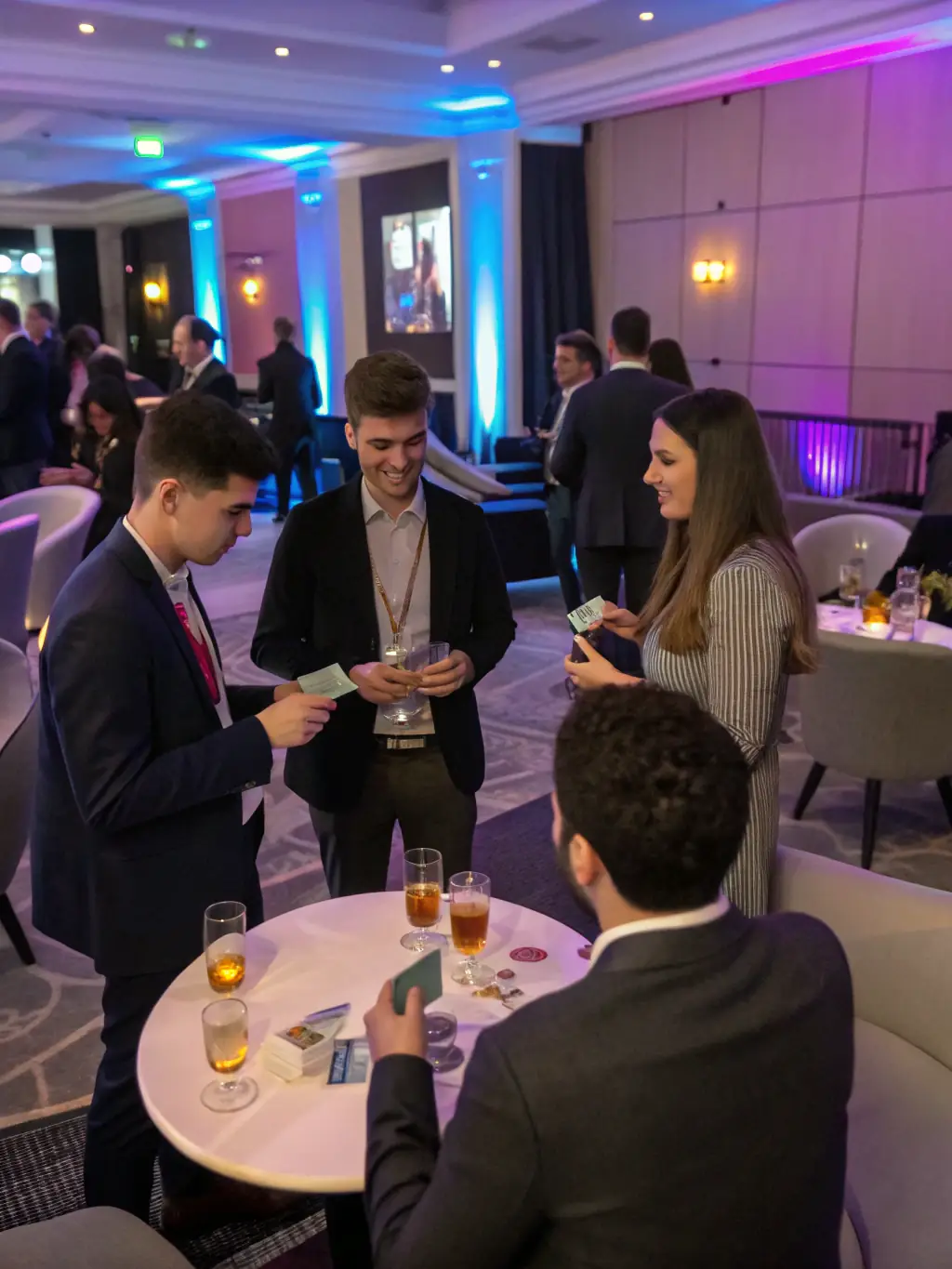 A diverse group of small business owners networking at an Entrafinix event, exchanging business cards and engaging in lively conversation, symbolizing the community's collaborative spirit.