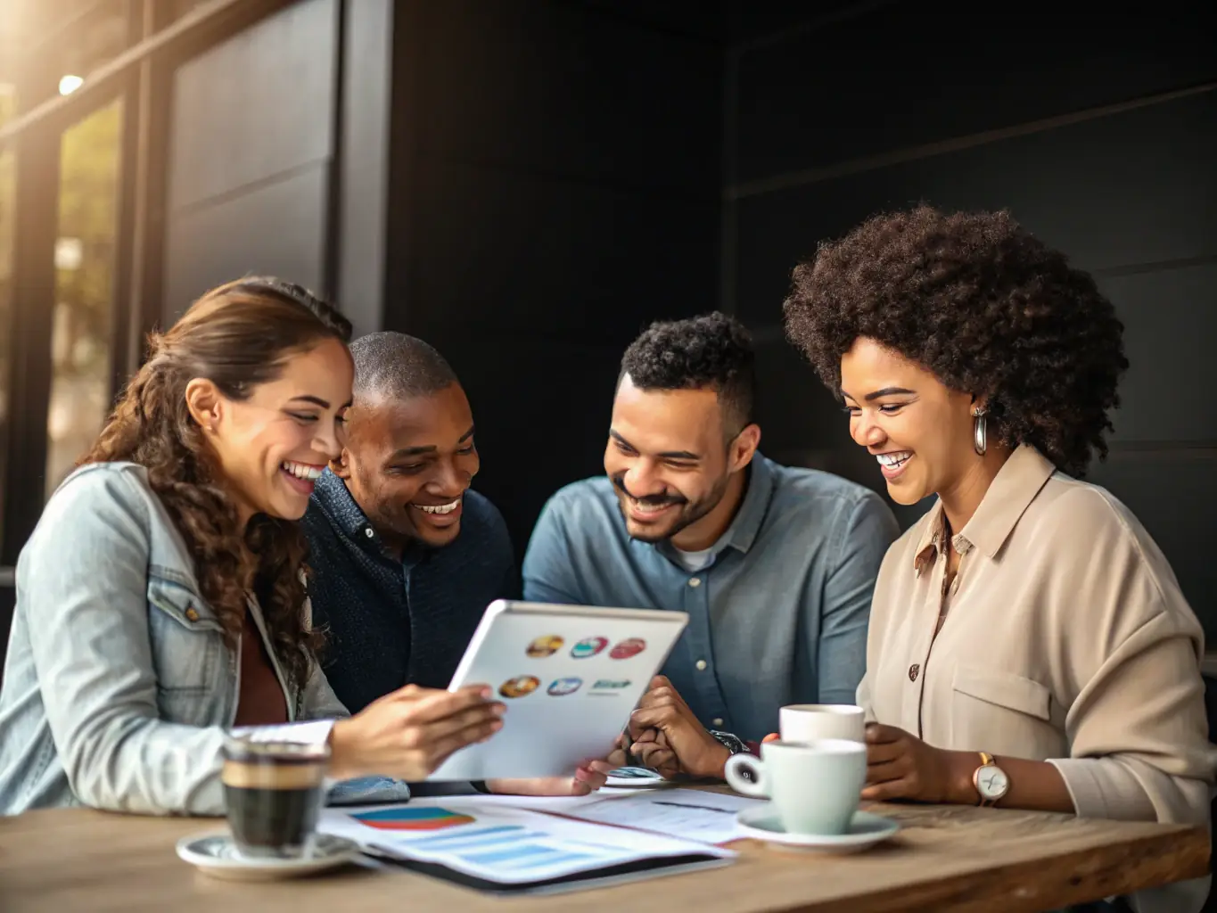 A diverse group of small business owners discussing funding options and strategies in a modern office setting, emphasizing collaboration and support.